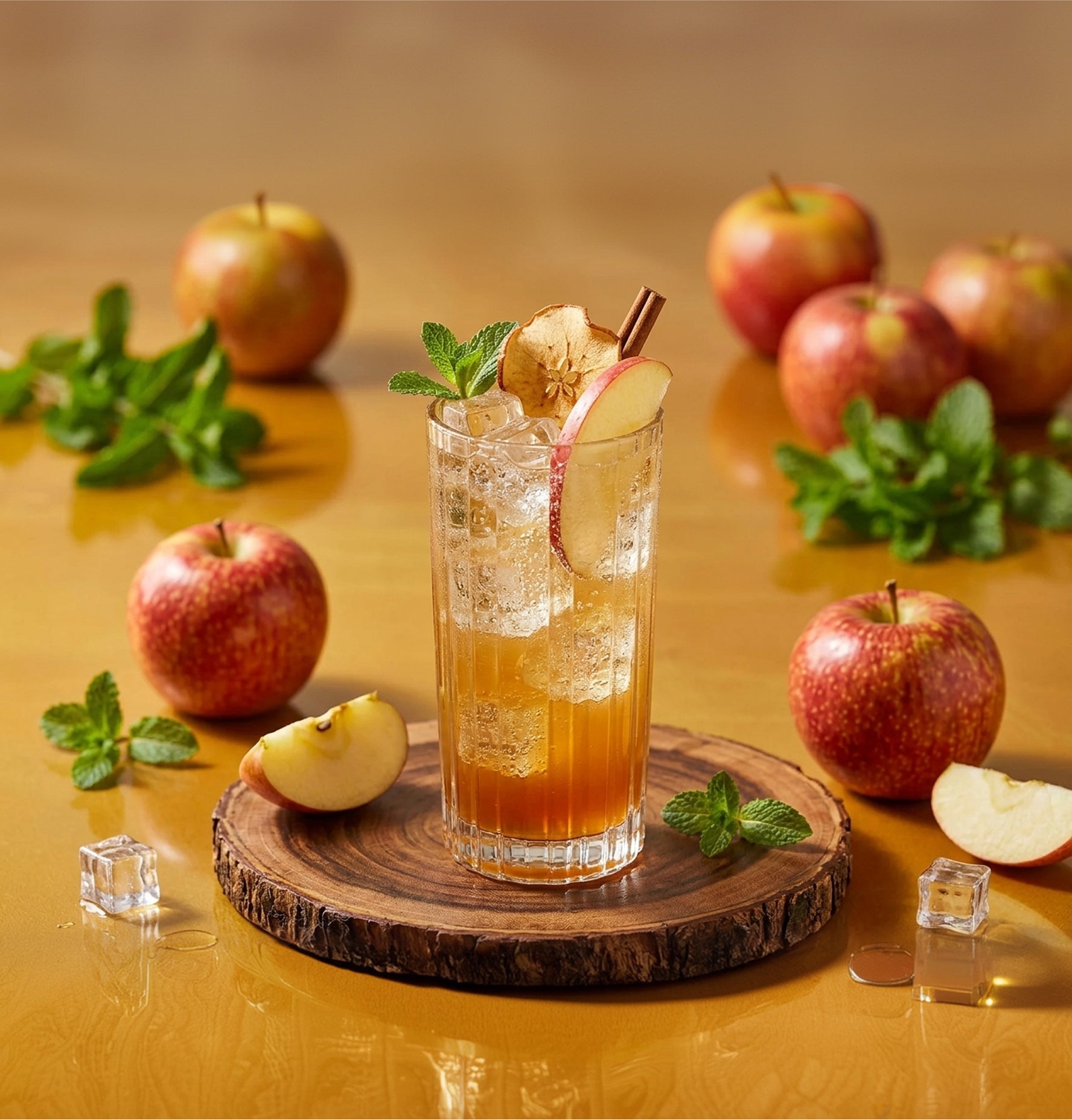Spiced apple spritz in a tall glass with ice, garnished with an apple fan and cinnamon stick